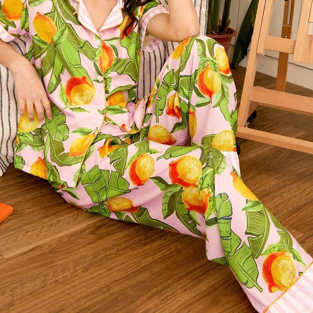 Multicolor Casual Women's Lemon Pajama Set